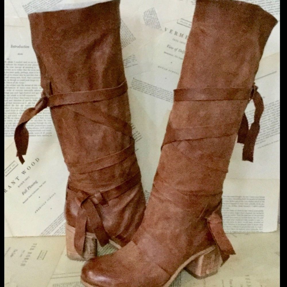 AS 98  Leather Wrap Tie Pull On Tall Heel Boots 39 - Picture 5 of 8